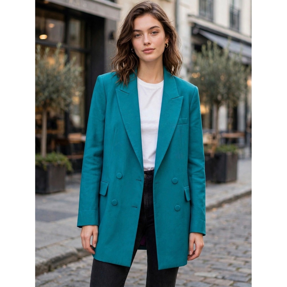 Zara Teal Double Breasted Blazer Jacket Longline Peak Lapel Teal Green Size M-L